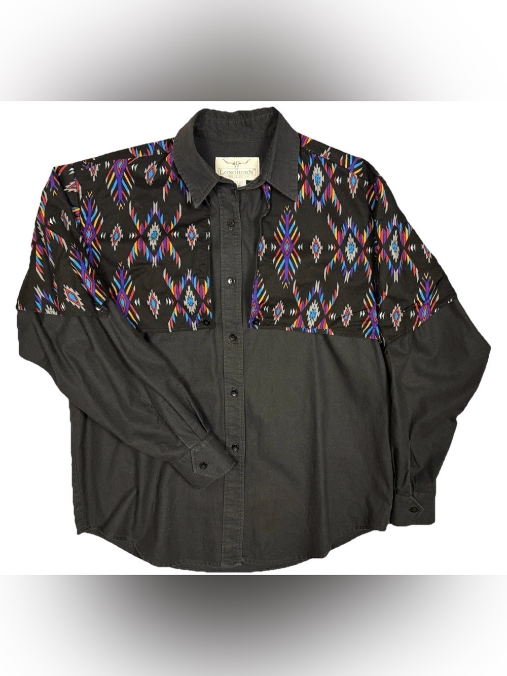 Vintage Longhorn Shirt Men’s Small Aztec Design Button Bib Western Cowboy